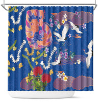 Hawaiian and Japanese Culture Together Shower Curtain Kakau Tribal Pattern and Irezumi Art Blue Color
