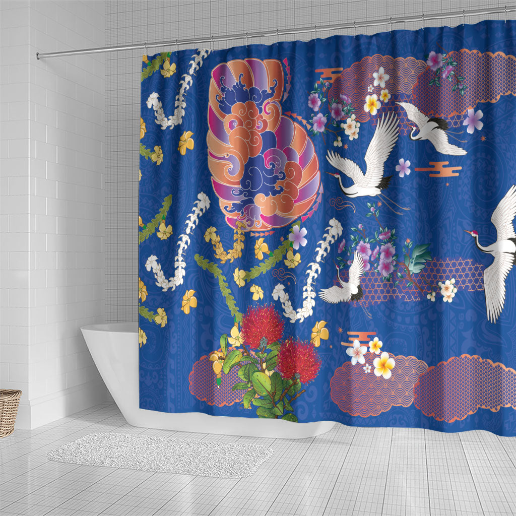 Hawaiian and Japanese Culture Together Shower Curtain Kakau Tribal Pattern and Irezumi Art Blue Color