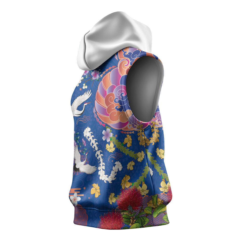 Hawaiian and Japanese Culture Together Sleeveless Hoodie Kakau Tribal Pattern and Irezumi Art Blue Color