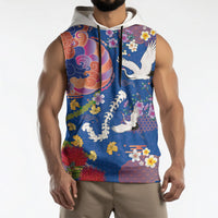 Hawaiian and Japanese Culture Together Sleeveless Hoodie Kakau Tribal Pattern and Irezumi Art Blue Color