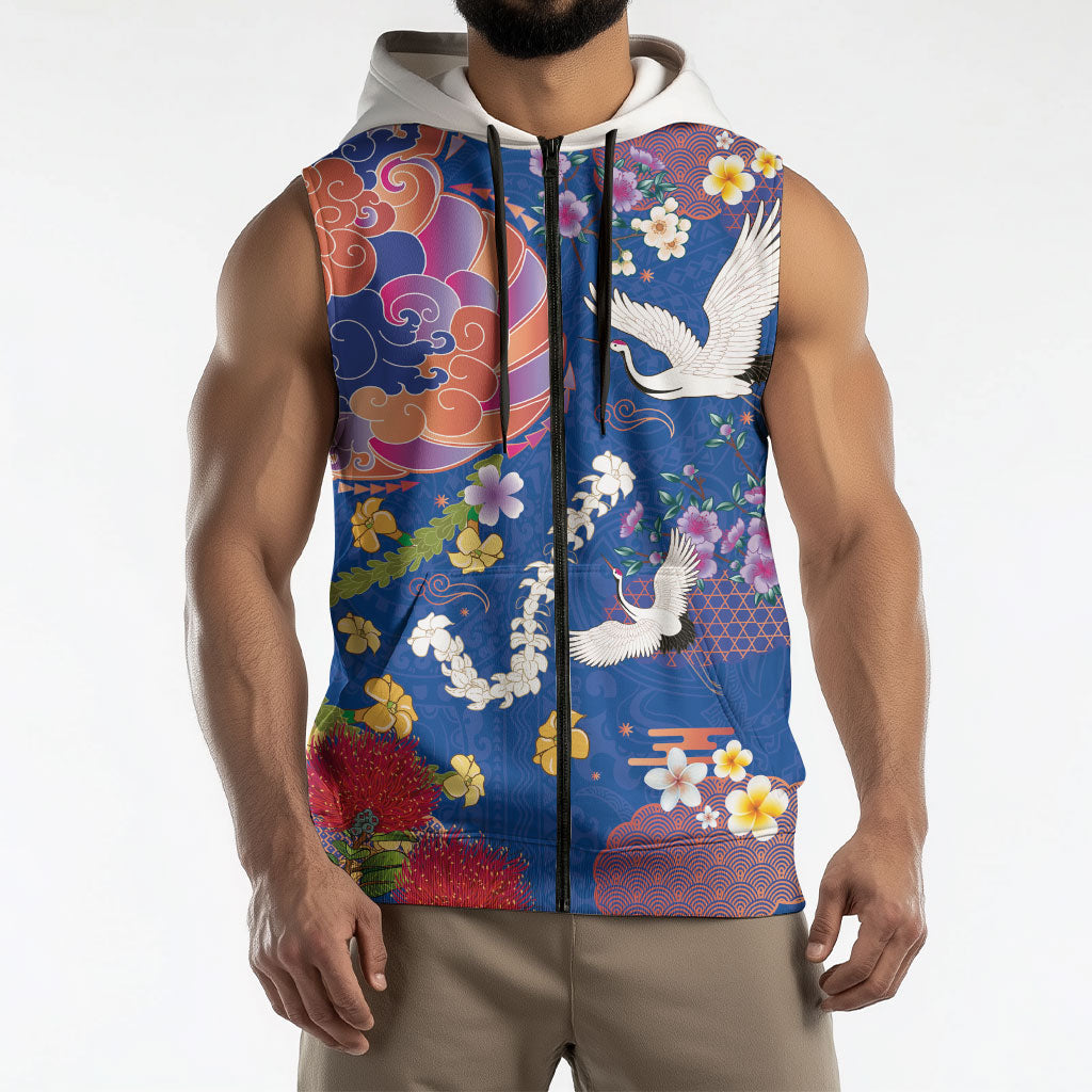 Hawaiian and Japanese Culture Together Sleeveless Zip Hoodie Kakau Tribal Pattern and Irezumi Art Blue Color