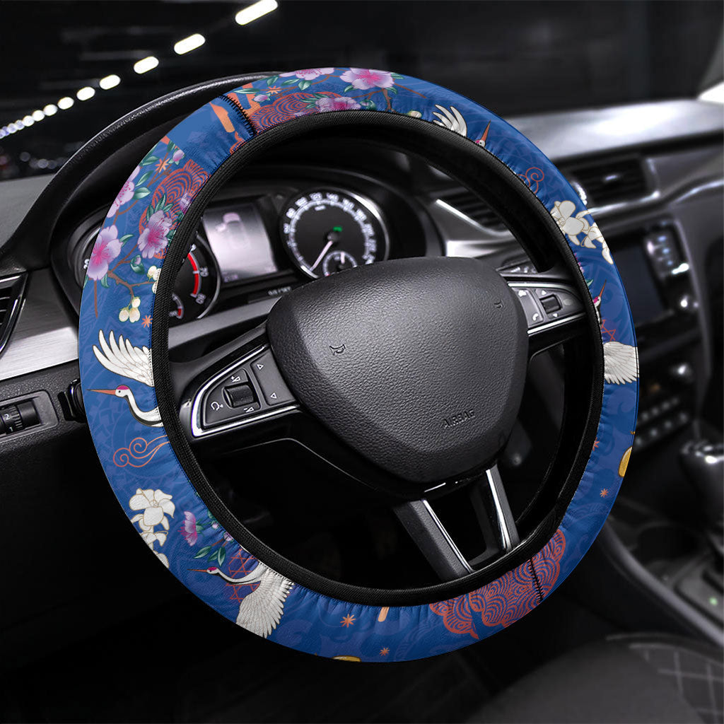 Hawaiian and Japanese Culture Together Steering Wheel Cover Kakau Tribal Pattern and Irezumi Art Blue Color