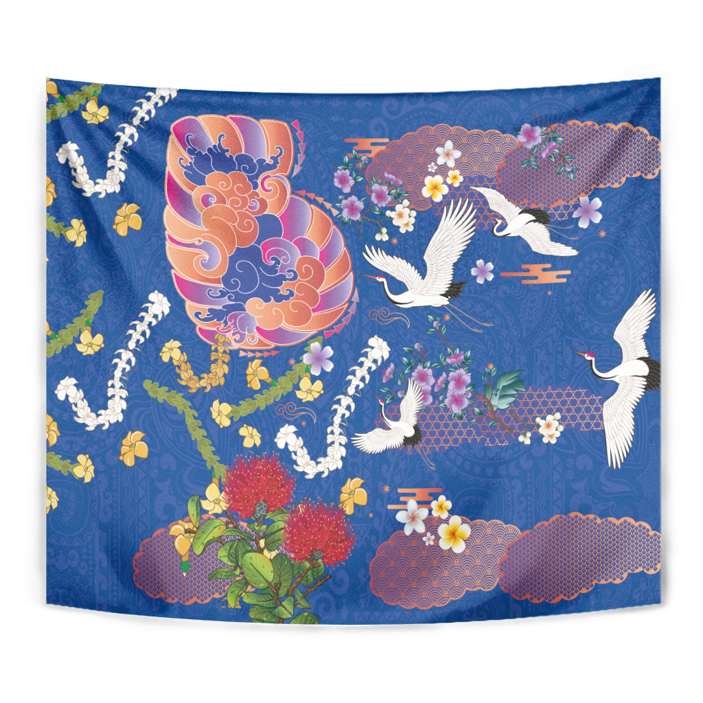 Hawaiian and Japanese Culture Together Tapestry Kakau Tribal Pattern and Irezumi Art Blue Color