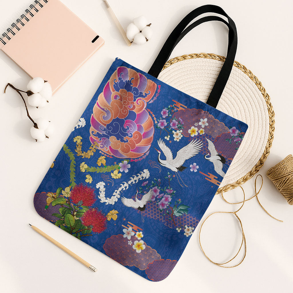 Hawaiian and Japanese Culture Together Tote Bag Kakau Tribal Pattern and Irezumi Art Blue Color