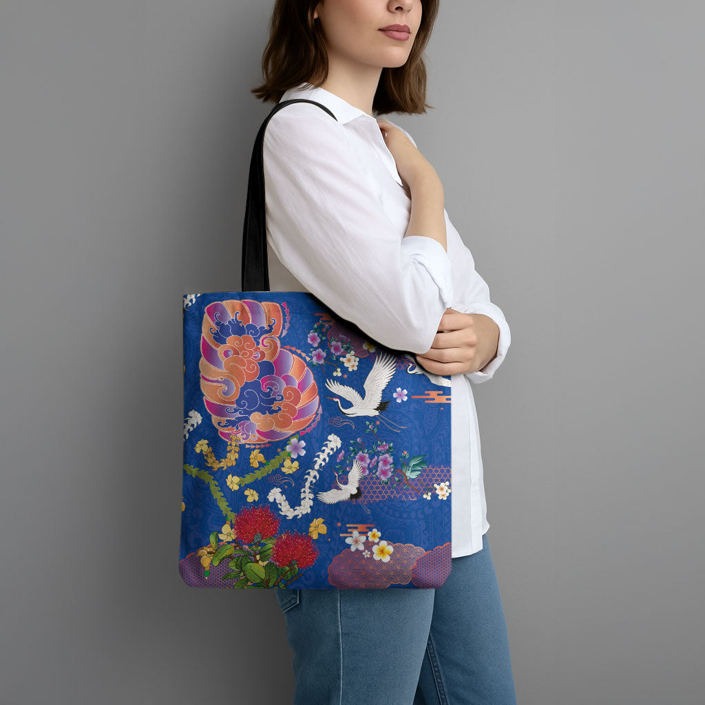 Hawaiian and Japanese Culture Together Tote Bag Kakau Tribal Pattern and Irezumi Art Blue Color