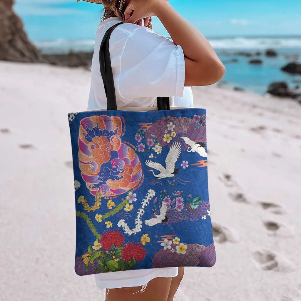 Hawaiian and Japanese Culture Together Tote Bag Kakau Tribal Pattern and Irezumi Art Blue Color