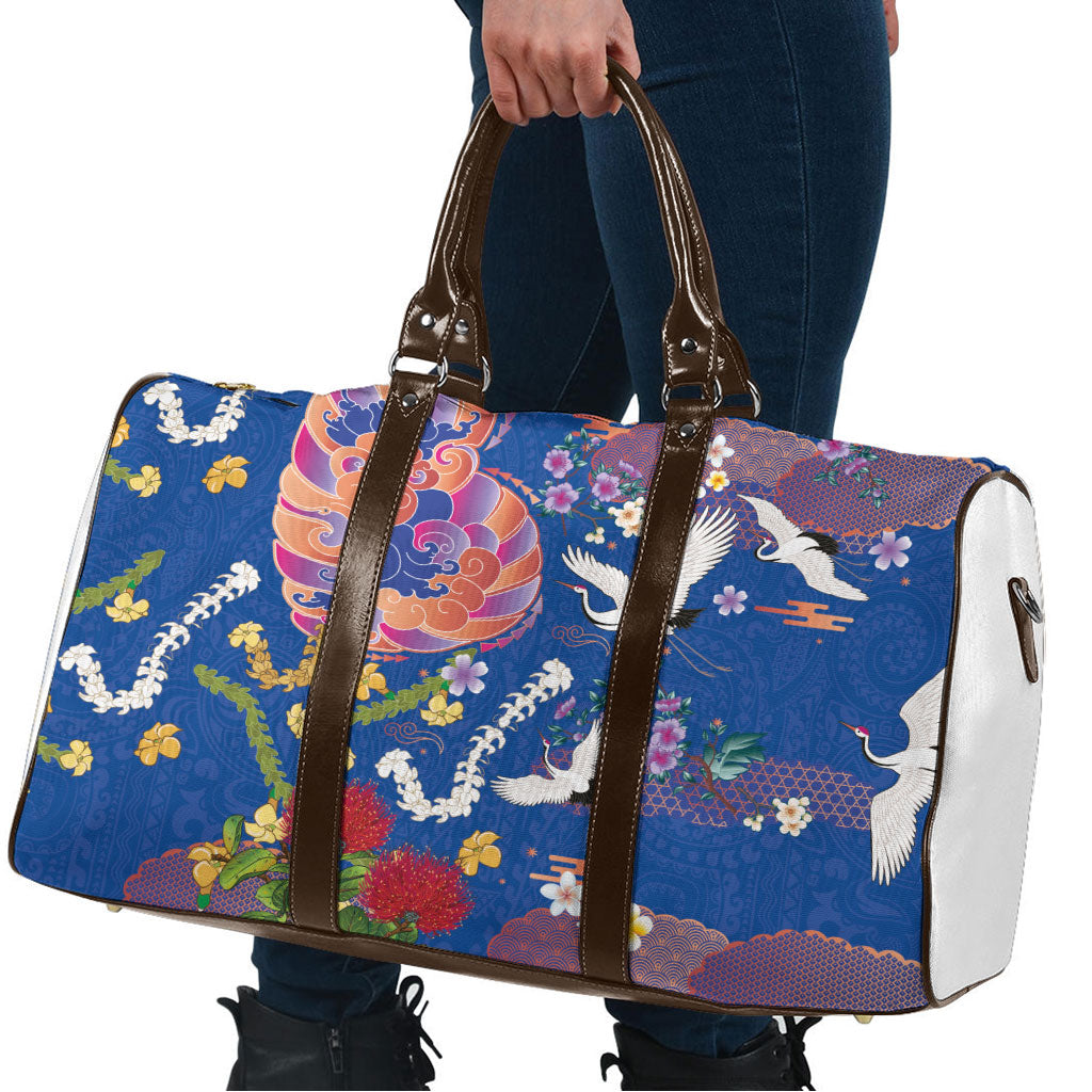 Hawaiian and Japanese Culture Together Travel Bag Kakau Tribal Pattern and Irezumi Art Blue Color