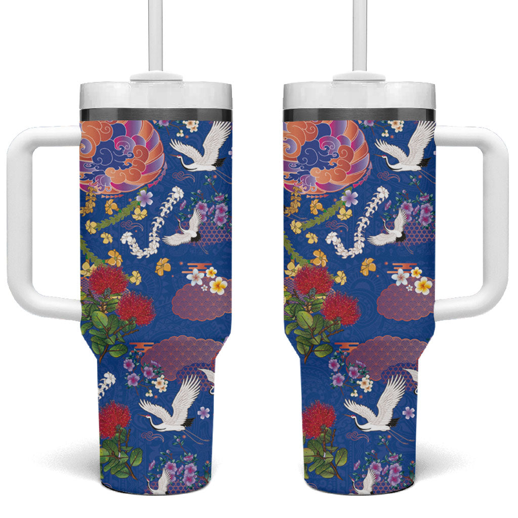 Hawaiian and Japanese Culture Together Tumbler With Handle Kakau Tribal Pattern and Irezumi Art Blue Color