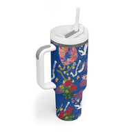 Hawaiian and Japanese Culture Together Tumbler With Handle Kakau Tribal Pattern and Irezumi Art Blue Color