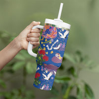 Hawaiian and Japanese Culture Together Tumbler With Handle Kakau Tribal Pattern and Irezumi Art Blue Color