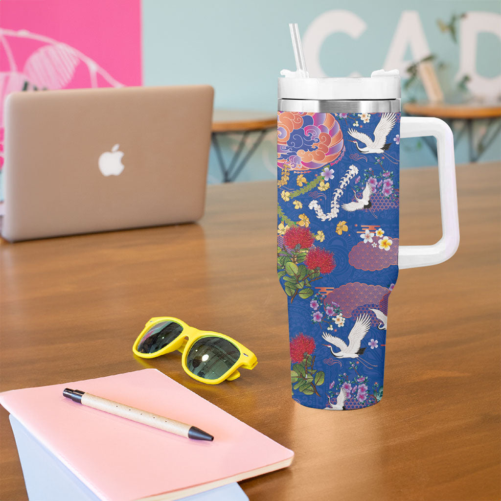 Hawaiian and Japanese Culture Together Tumbler With Handle Kakau Tribal Pattern and Irezumi Art Blue Color