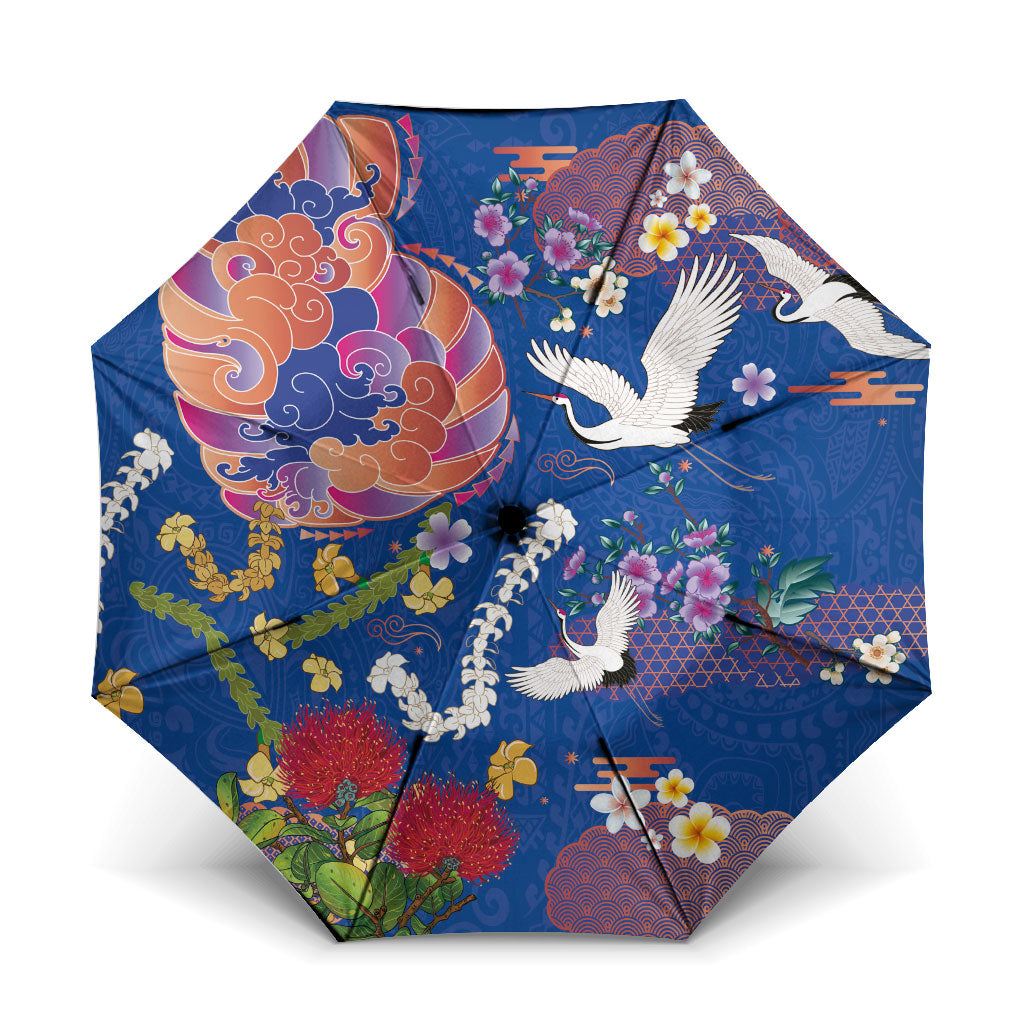 Hawaiian and Japanese Culture Together Umbrella Kakau Tribal Pattern and Irezumi Art Blue Color
