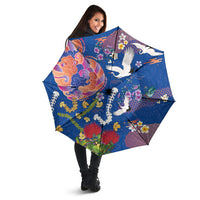 Hawaiian and Japanese Culture Together Umbrella Kakau Tribal Pattern and Irezumi Art Blue Color