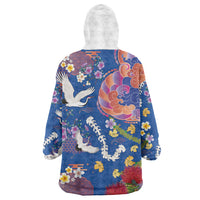 Hawaiian and Japanese Culture Together Wearable Blanket Hoodie Kakau Tribal Pattern and Irezumi Art Blue Color