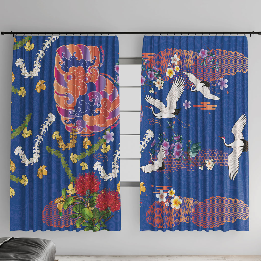 Hawaiian and Japanese Culture Together Window Curtain Kakau Tribal Pattern and Irezumi Art Blue Color