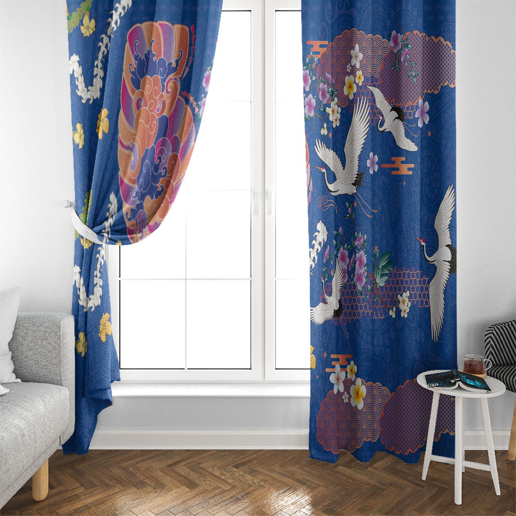 Hawaiian and Japanese Culture Together Window Curtain Kakau Tribal Pattern and Irezumi Art Blue Color