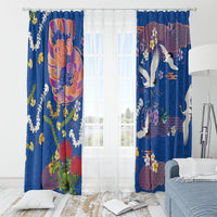Hawaiian and Japanese Culture Together Window Curtain Kakau Tribal Pattern and Irezumi Art Blue Color