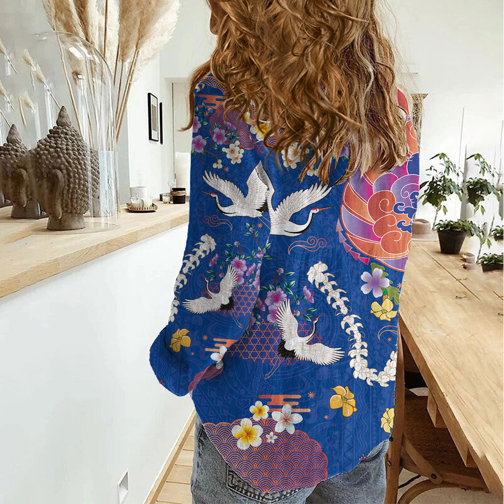 Hawaiian and Japanese Culture Together Women Casual Shirt Kakau Tribal Pattern and Irezumi Art Blue Color