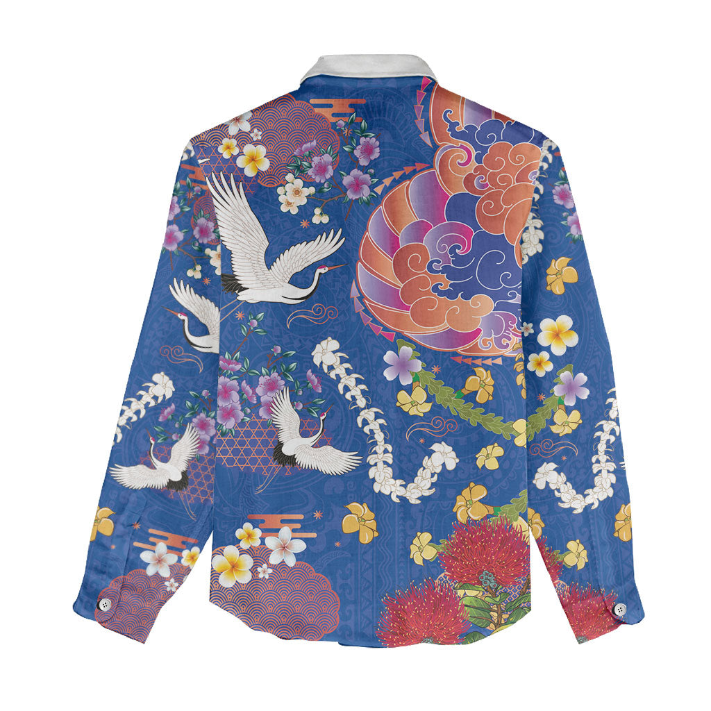 Hawaiian and Japanese Culture Together Women Casual Shirt Kakau Tribal Pattern and Irezumi Art Blue Color
