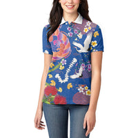 Hawaiian and Japanese Culture Together Women Polo Shirt Kakau Tribal Pattern and Irezumi Art Blue Color