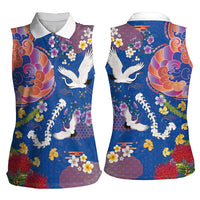 Hawaiian and Japanese Culture Together Women Sleeveless Polo Shirt Kakau Tribal Pattern and Irezumi Art Blue Color