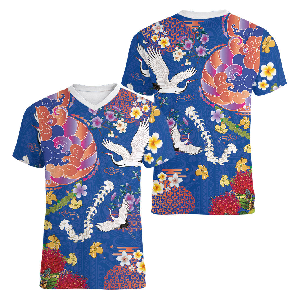 Hawaiian and Japanese Culture Together Women V-Neck T-Shirt Kakau Tribal Pattern and Irezumi Art Blue Color