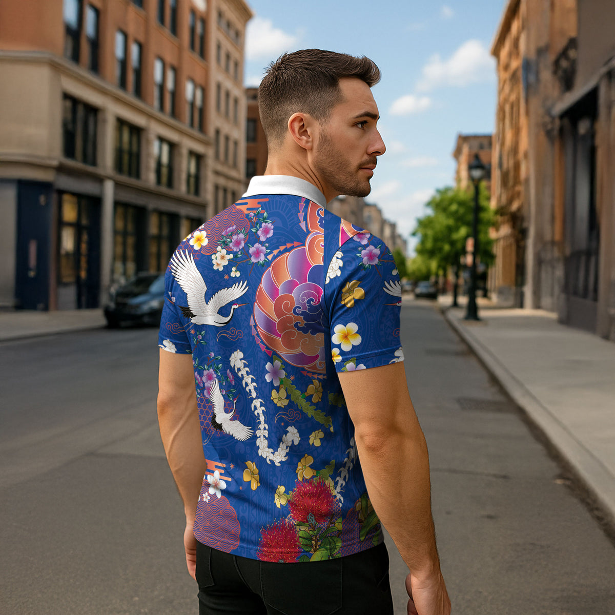 Hawaiian and Japanese Culture Together Zipper Polo Shirt Kakau Tribal Pattern and Irezumi Art Blue Color