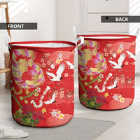 Hawaiian and Japanese Culture Together Laundry Basket Kakau Tribal Pattern and Irezumi Art Red Color