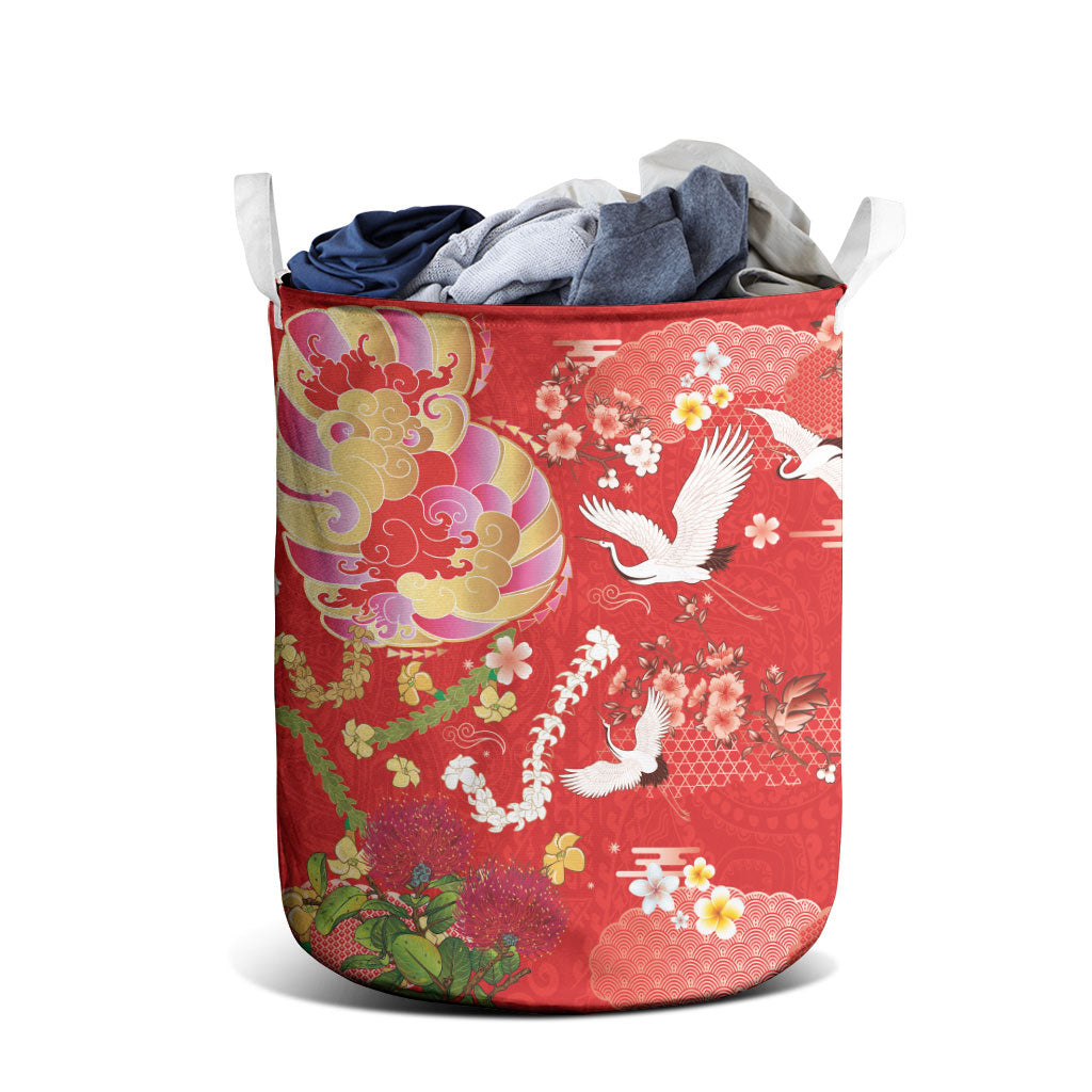 Hawaiian and Japanese Culture Together Laundry Basket Kakau Tribal Pattern and Irezumi Art Red Color
