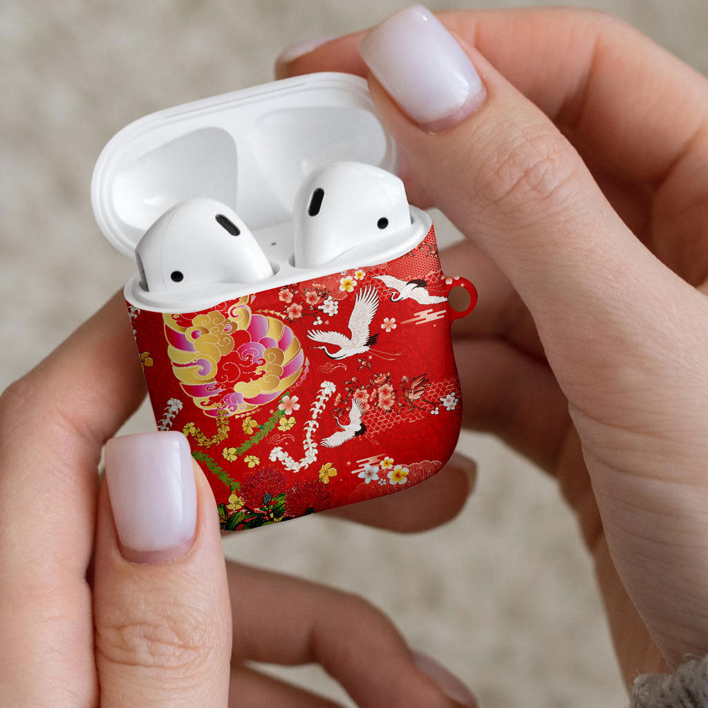 Hawaiian and Japanese Culture Together AirPods Case Kakau Tribal Pattern and Irezumi Art Red Color