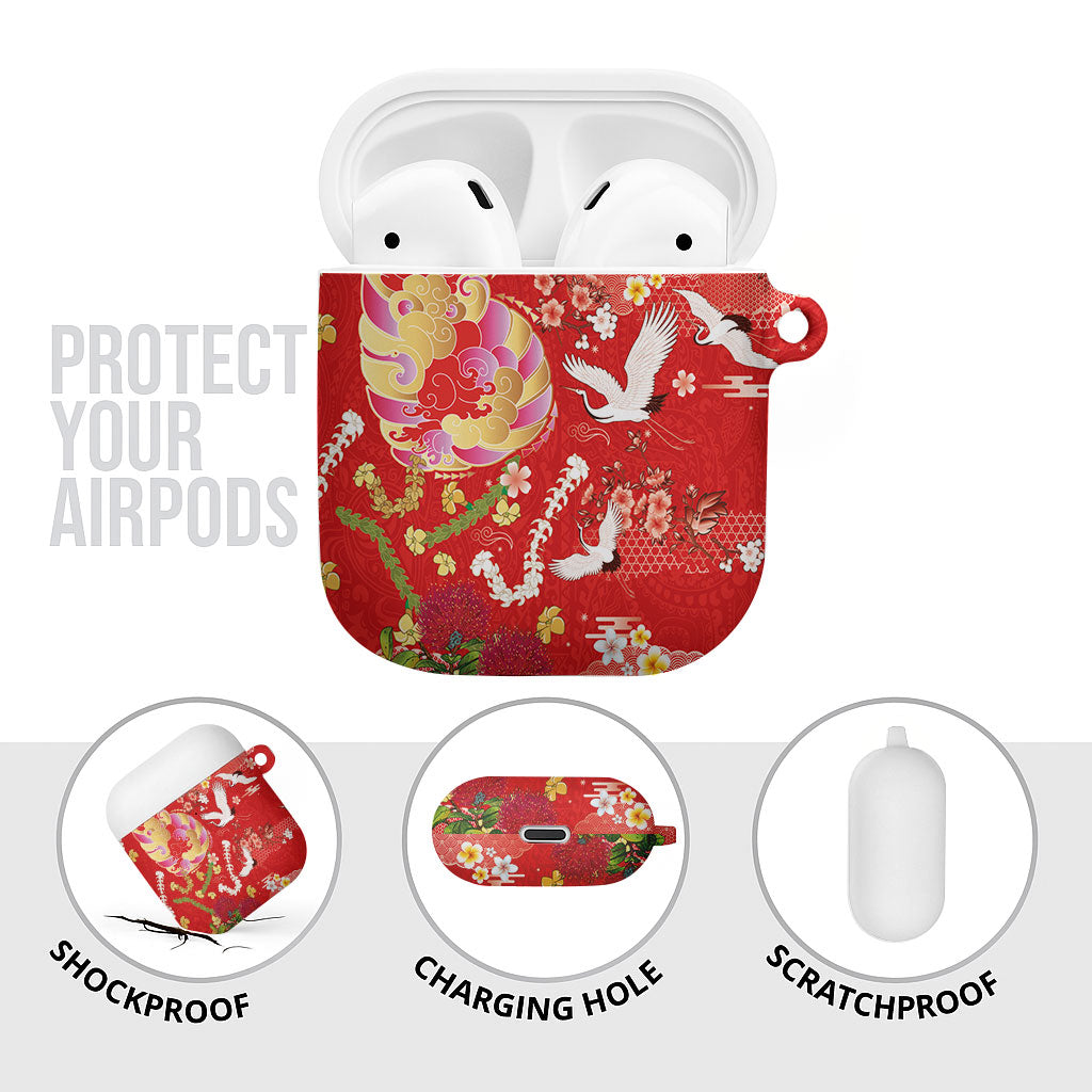 Hawaiian and Japanese Culture Together AirPods Case Kakau Tribal Pattern and Irezumi Art Red Color