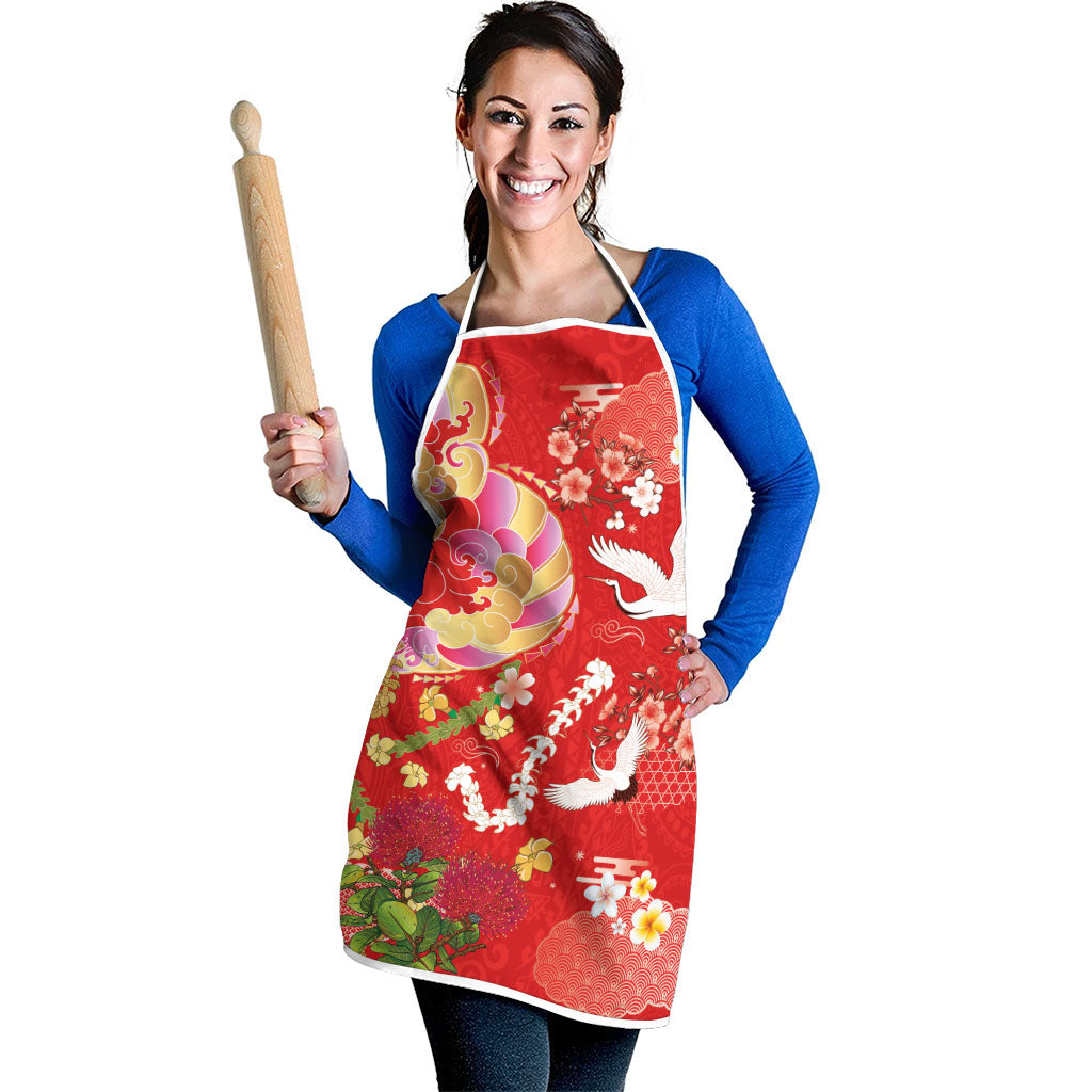 Hawaiian and Japanese Culture Together Apron Kakau Tribal Pattern and Irezumi Art Red Color