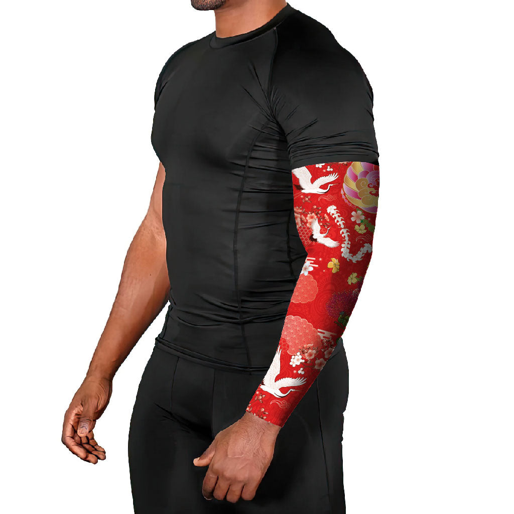 Hawaiian and Japanese Culture Together Arm Sleeves Kakau Tribal Pattern and Irezumi Art Red Color