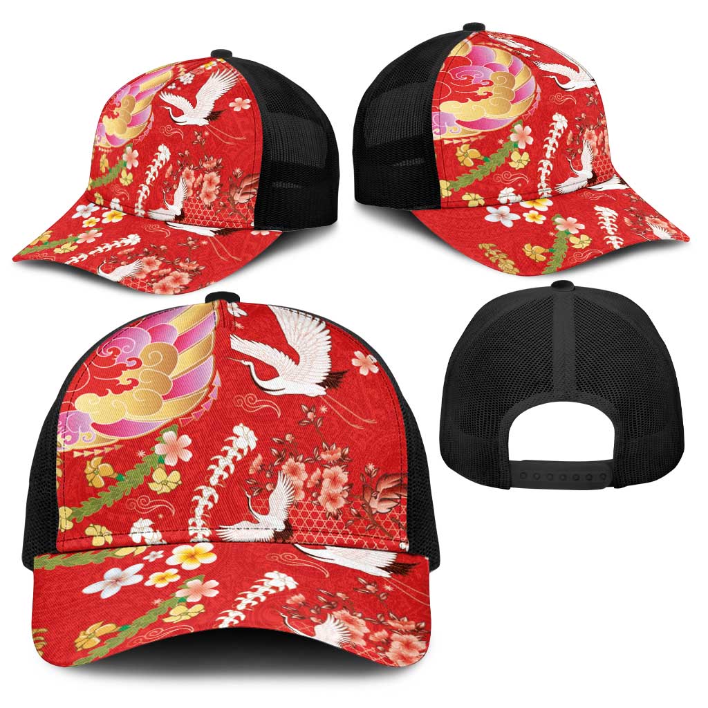 Hawaiian and Japanese Culture Together Baseball Net Cap Kakau Tribal Pattern and Irezumi Art Red Color