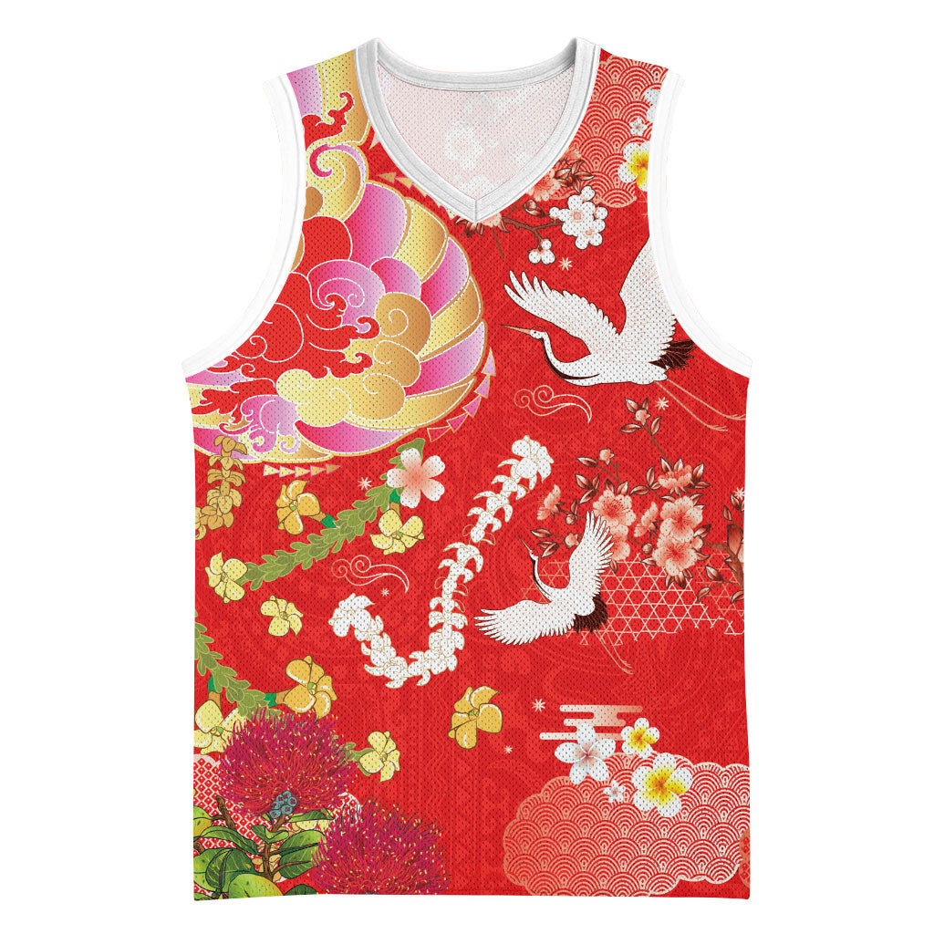 Hawaiian and Japanese Culture Together Basketball Jersey Kakau Tribal Pattern and Irezumi Art Red Color