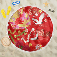 Hawaiian and Japanese Culture Together Beach Blanket Kakau Tribal Pattern and Irezumi Art Red Color
