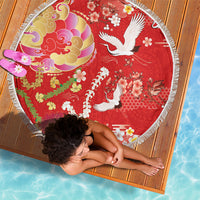Hawaiian and Japanese Culture Together Beach Blanket Kakau Tribal Pattern and Irezumi Art Red Color