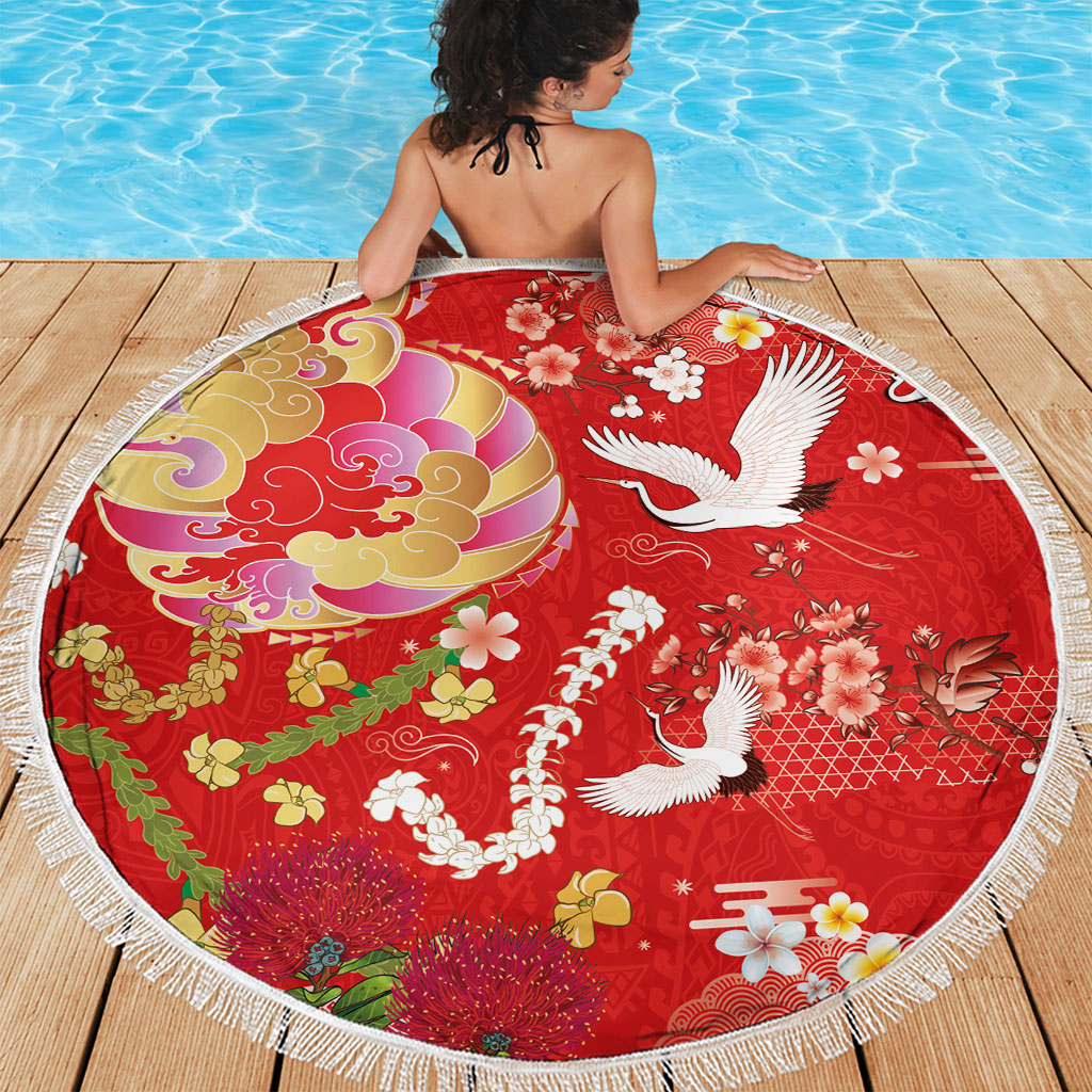 Hawaiian and Japanese Culture Together Beach Blanket Kakau Tribal Pattern and Irezumi Art Red Color
