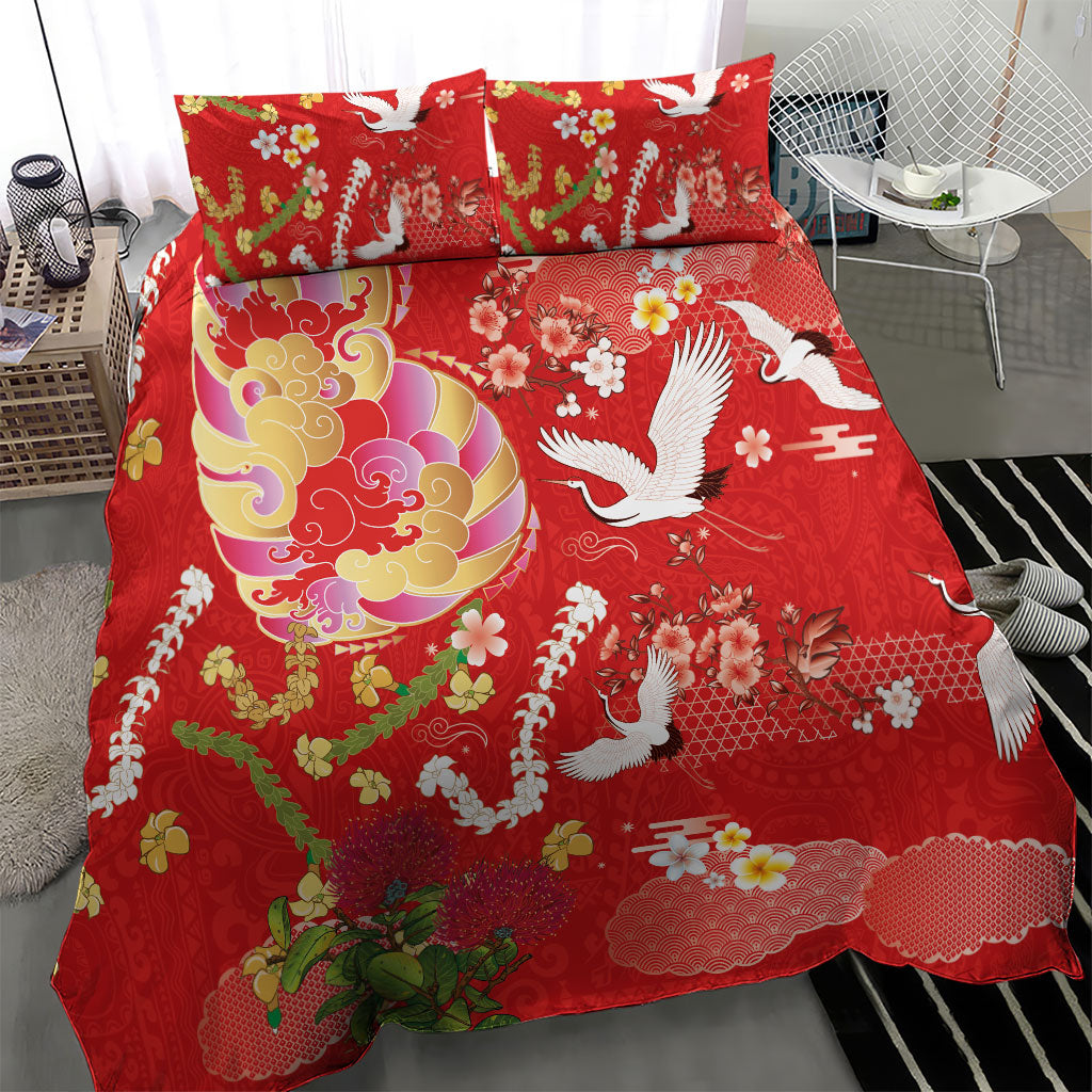 Hawaiian and Japanese Culture Together Bedding Set Kakau Tribal Pattern and Irezumi Art Red Color