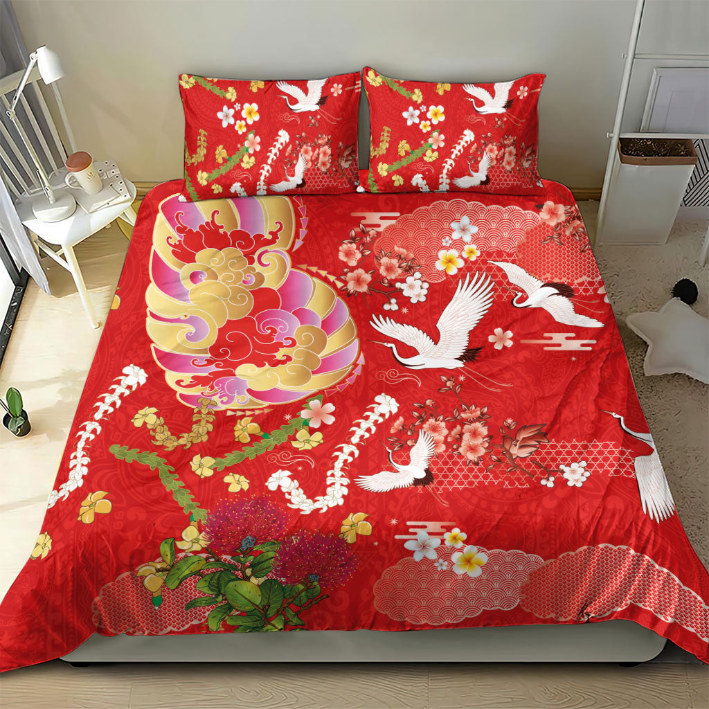 Hawaiian and Japanese Culture Together Bedding Set Kakau Tribal Pattern and Irezumi Art Red Color