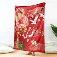 Hawaiian and Japanese Culture Together Blanket Kakau Tribal Pattern and Irezumi Art Red Color