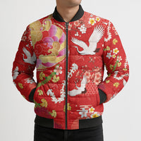 Hawaiian and Japanese Culture Together Bomber Puffer Jacket Kakau Tribal Pattern and Irezumi Art Red Color