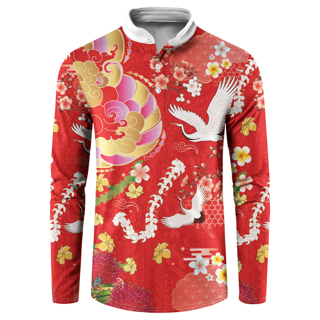 Hawaiian and Japanese Culture Together Button Sweatshirt Kakau Tribal Pattern and Irezumi Art Red Color