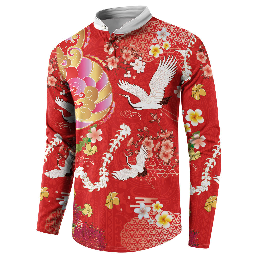 Hawaiian and Japanese Culture Together Button Sweatshirt Kakau Tribal Pattern and Irezumi Art Red Color