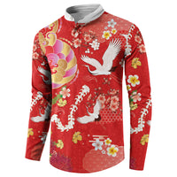 Hawaiian and Japanese Culture Together Button Sweatshirt Kakau Tribal Pattern and Irezumi Art Red Color