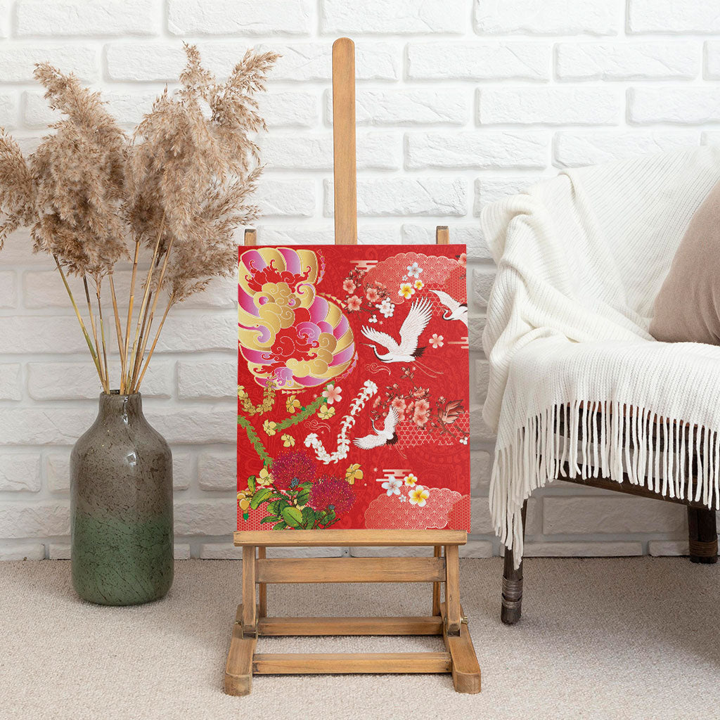 Hawaiian and Japanese Culture Together Canvas Wall Art Kakau Tribal Pattern and Irezumi Art Red Color