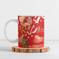 Hawaiian and Japanese Culture Together Ceramic Mug Kakau Tribal Pattern and Irezumi Art Red Color