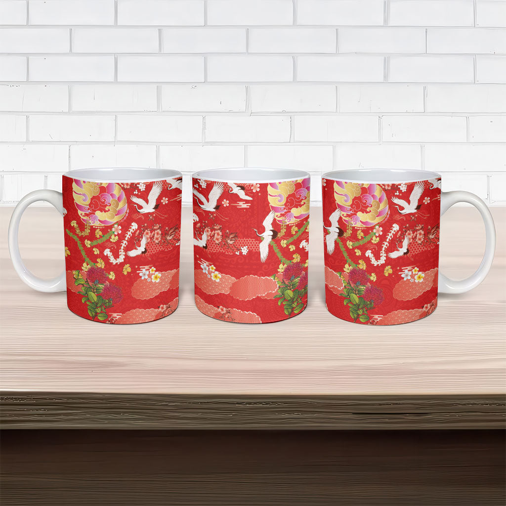 Hawaiian and Japanese Culture Together Ceramic Mug Kakau Tribal Pattern and Irezumi Art Red Color