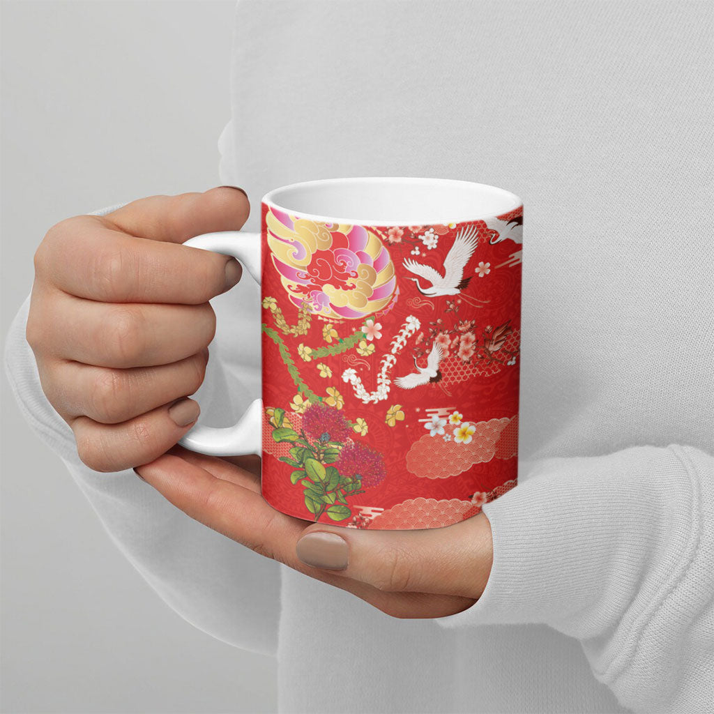 Hawaiian and Japanese Culture Together Ceramic Mug Kakau Tribal Pattern and Irezumi Art Red Color