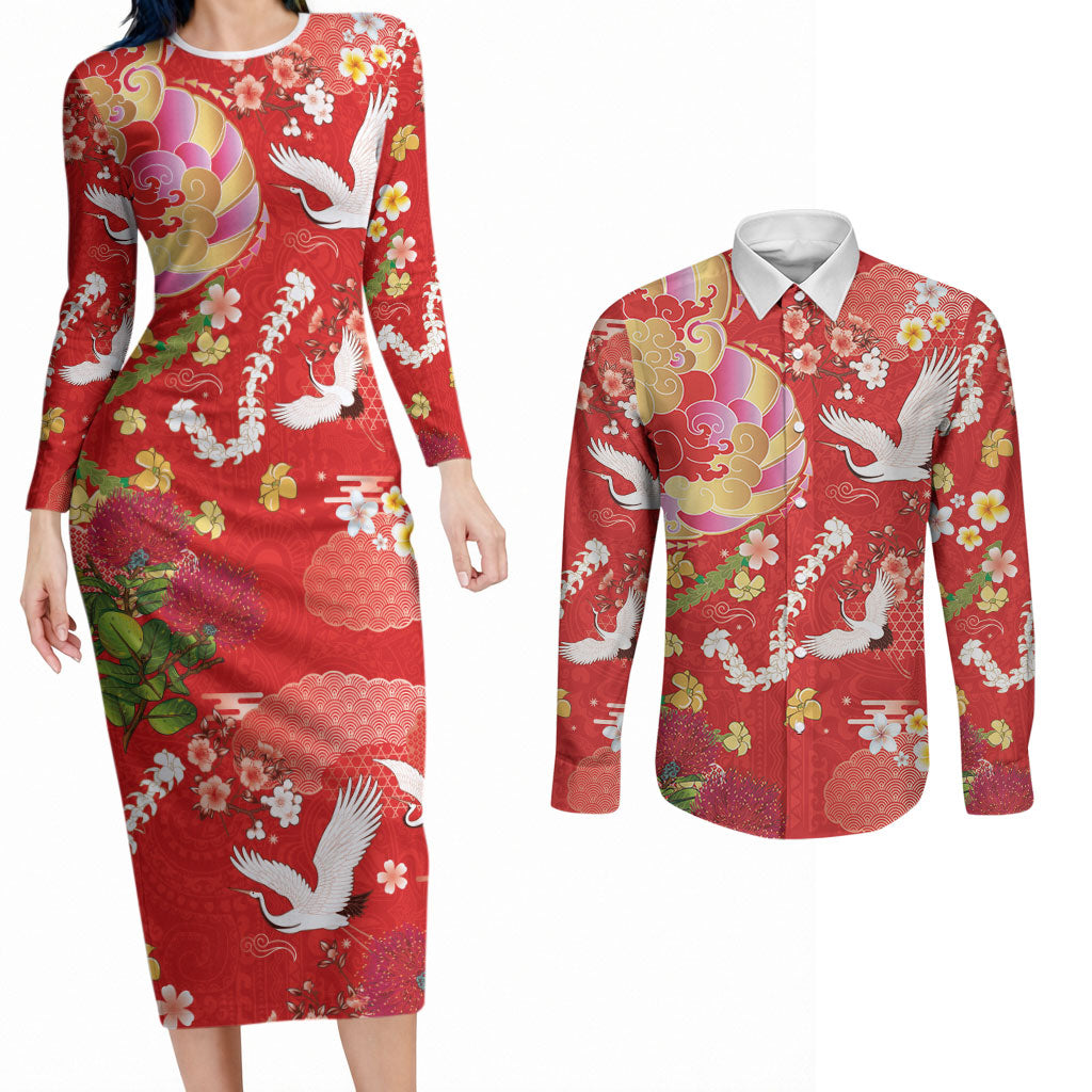 Hawaiian and Japanese Culture Together Couples Matching Long Sleeve Bodycon Dress and Long Sleeve Button Shirt Kakau Tribal Pattern and Irezumi Art Red Color